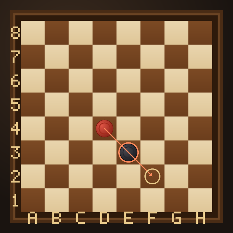 A diagram showing an uncrowned man capturing backwards, which is legal in Brazilian and international draughts but not in American checkers.