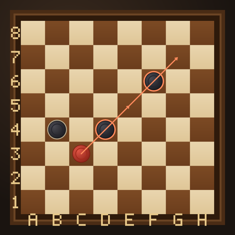 A diagram of two available capture sequences where the rules compel the player to choose the one that takes more pieces.