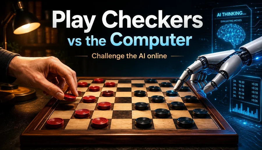 A human hand moves a red checkers piece on a wooden board while a robotic hand reaches in from the opposite side, with a glowing analysis panel listing candidate moves beside the board.