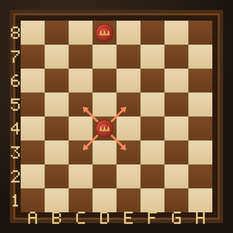 A red king crowned on the back row shown with a gold crown, and a second red king with arrows pointing diagonally in all four directions.