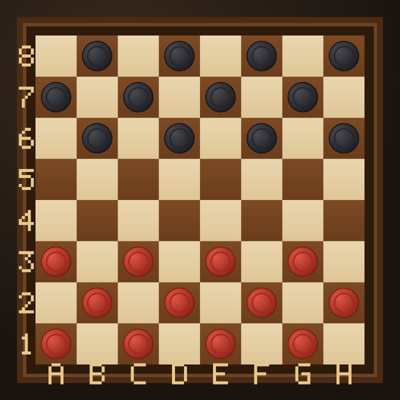 The checkers starting position on an 8×8 board: twelve red pieces on the bottom three rows and twelve black pieces on the top three rows, all on the dark squares.