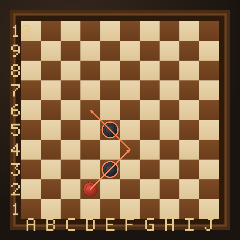 A multi-capture on the 10×10 board: one piece takes several enemy pieces, changing direction at each jump.