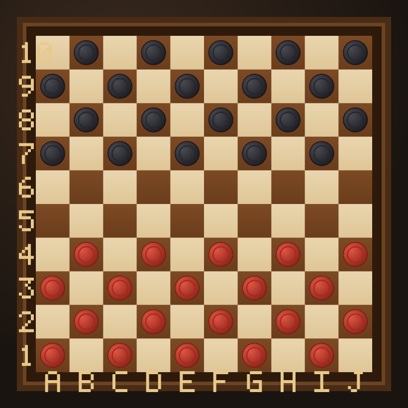 The starting position of international draughts: a 10 by 10 board with twenty pieces on each side filling the first four rows of dark squares.