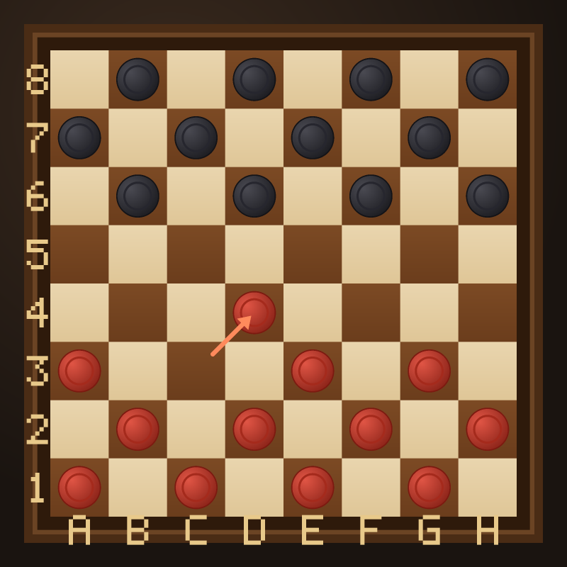 The position after 1. c3-d4: a red man has advanced from c3 to the central square d4, with an arrow marking the move.
