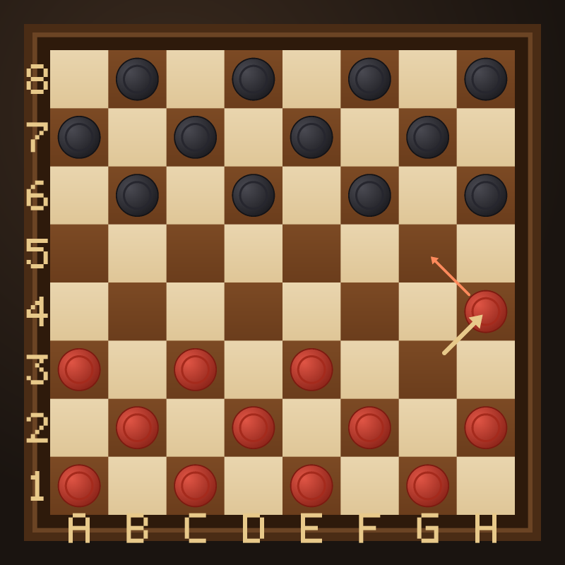 The position after 1. g3-h4 in checkers: the red man has moved from g3 to the edge square h4. A thin second arrow shows its only onward move, to g5.