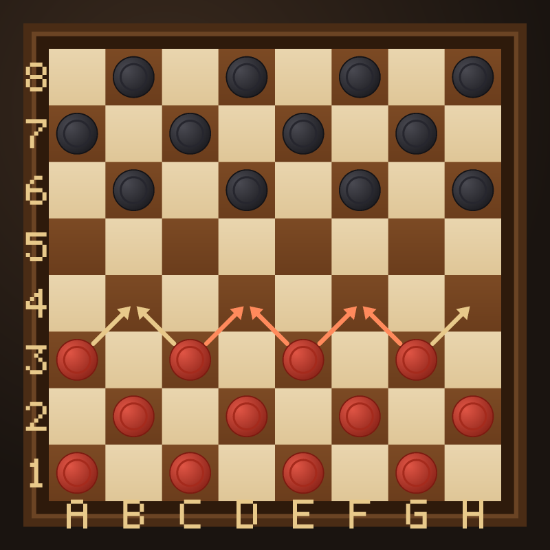 The checkers starting position with arrows showing Red's seven possible first moves: a3-b4, c3-b4, c3-d4, e3-d4, e3-f4, g3-f4 and g3-h4. Central advances to d4 and f4 are orange; the moves to b4 and h4 are gold.
