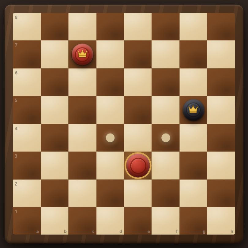 The analysis board in play mode: a red piece is selected and the squares it may legally move to are marked with glowing dots.
