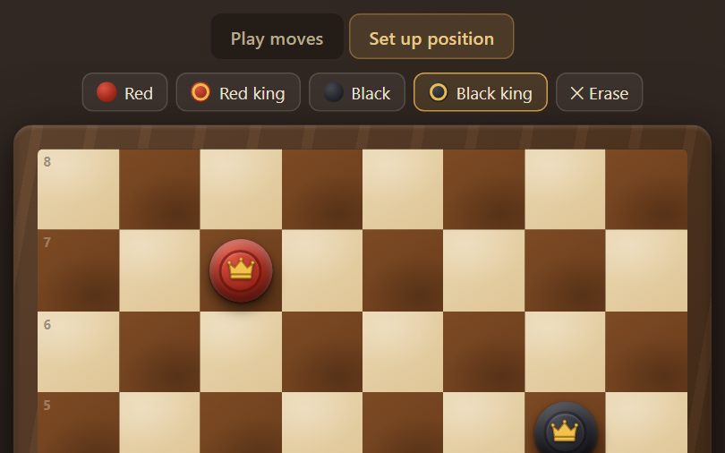The analysis board in set-up mode: a row of buttons for red man, red king, black man, black king and an eraser sits above the board, and pieces have been placed on the dark squares.