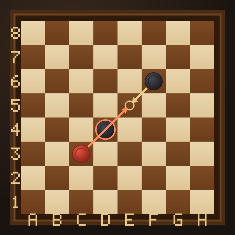 Red on c3 captures the black man on d4 and lands on e5; the black man on f6 is then forced to recapture on e5 — an even one-for-one trade that red chose.