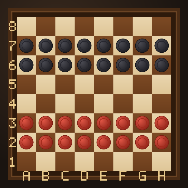 The starting position of Turkish draughts: sixteen pieces a side on the second and third rows, occupying every square rather than only the dark ones.